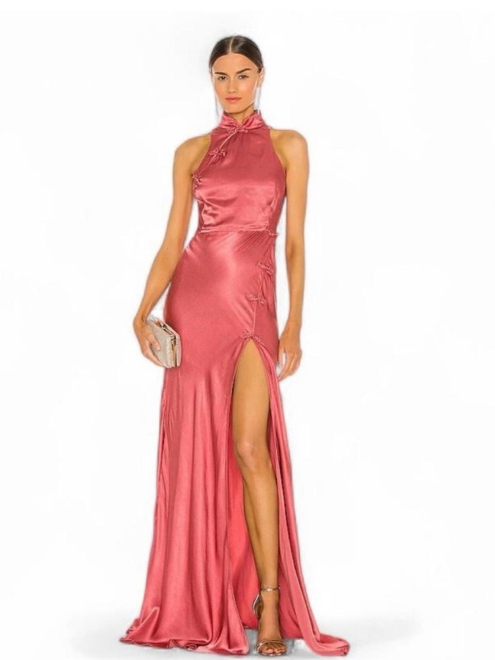 Satin High-Neck Rose Evening Gown with Side Slit - Picture 1 of 4